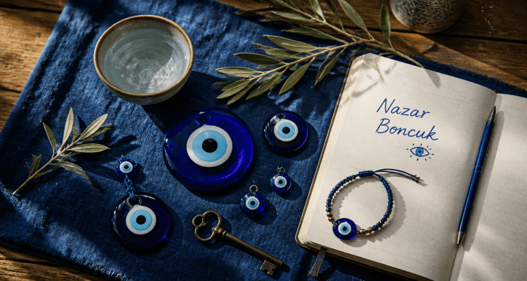 Oeil turc Nazar Boncuk authentiques sur table en bois