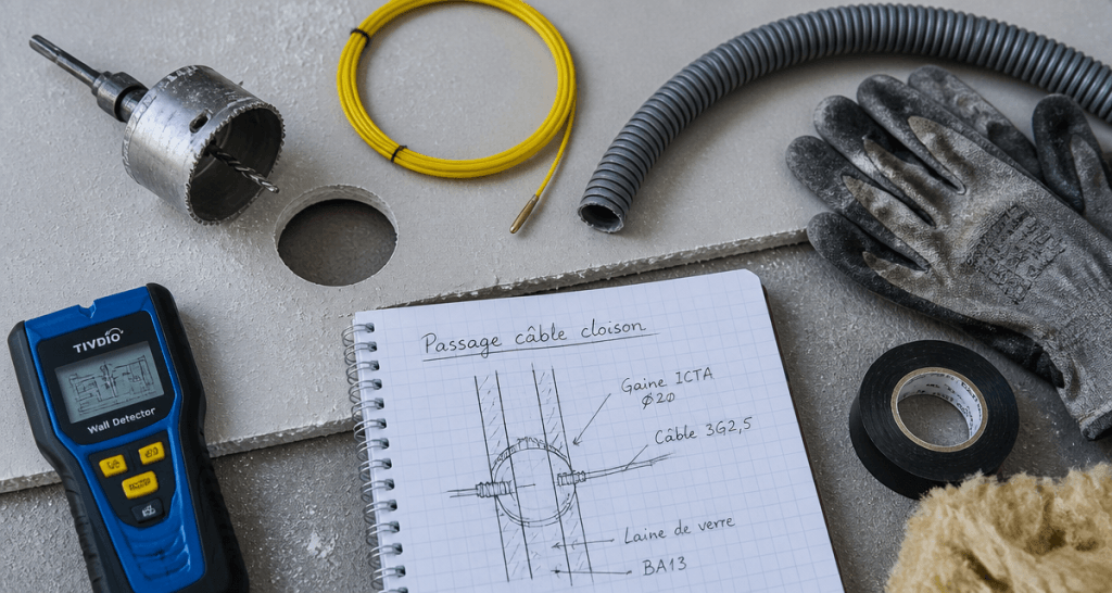passer un câble horizontal dans une cloison placo outils