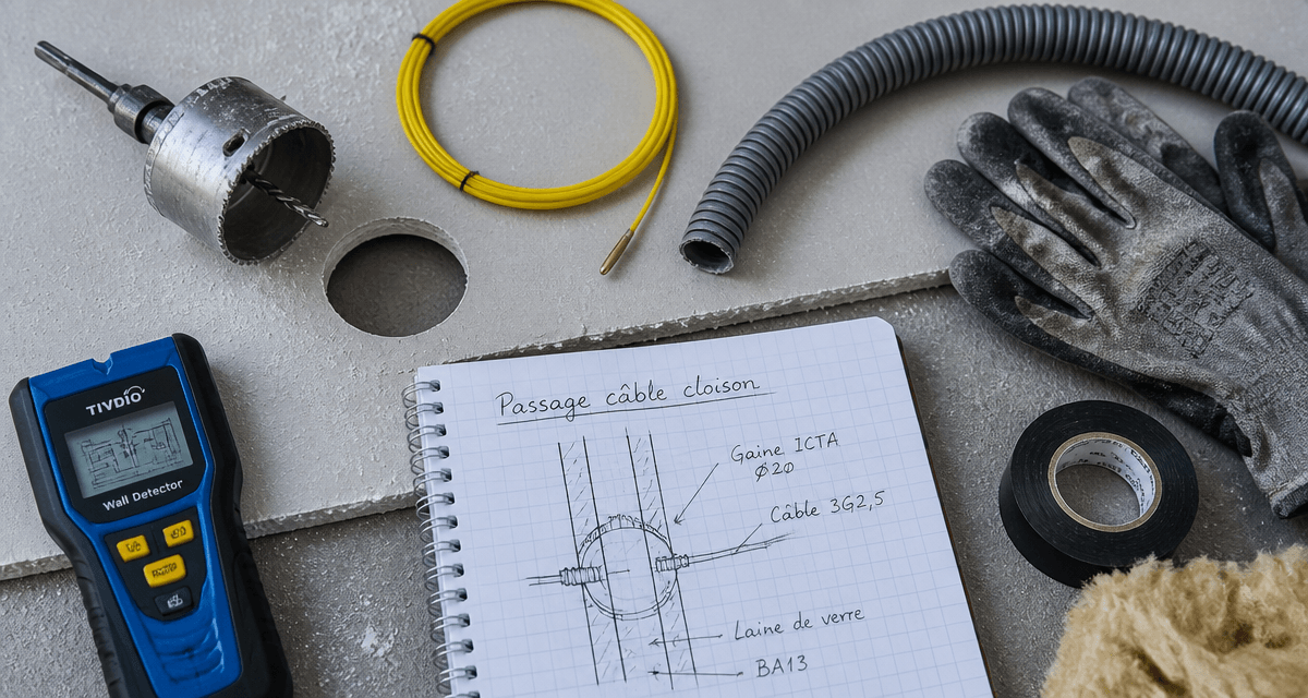 passer un câble horizontal dans une cloison placo outils