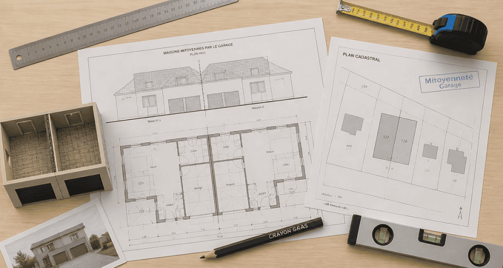 plan maison mitoyenne par le garage, plans architecturaux et outils