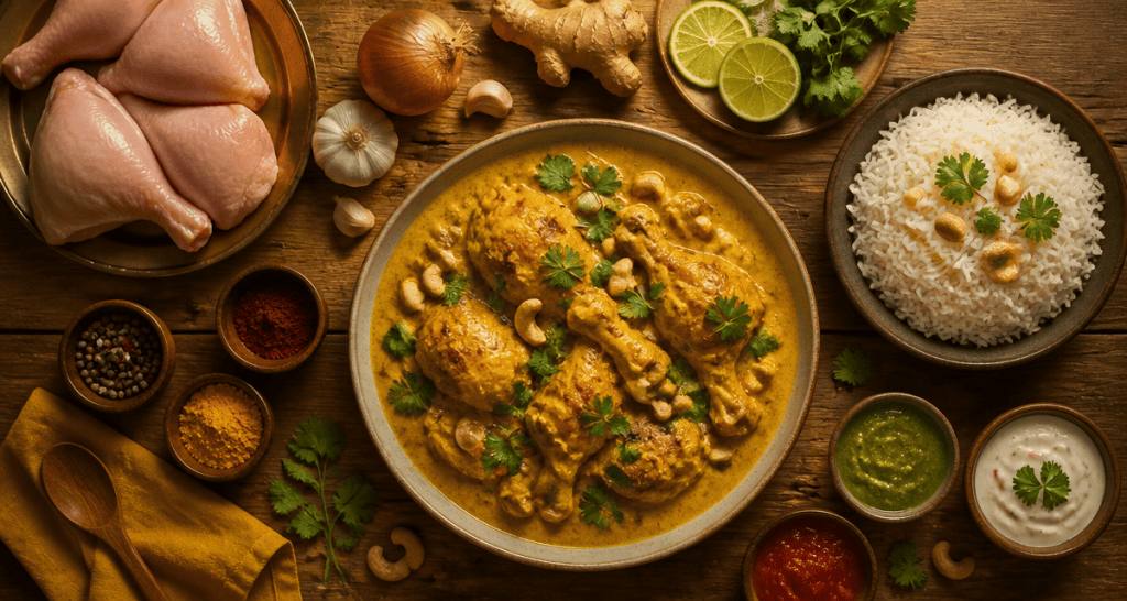 plat a base de poulet curry lait de coco sur table