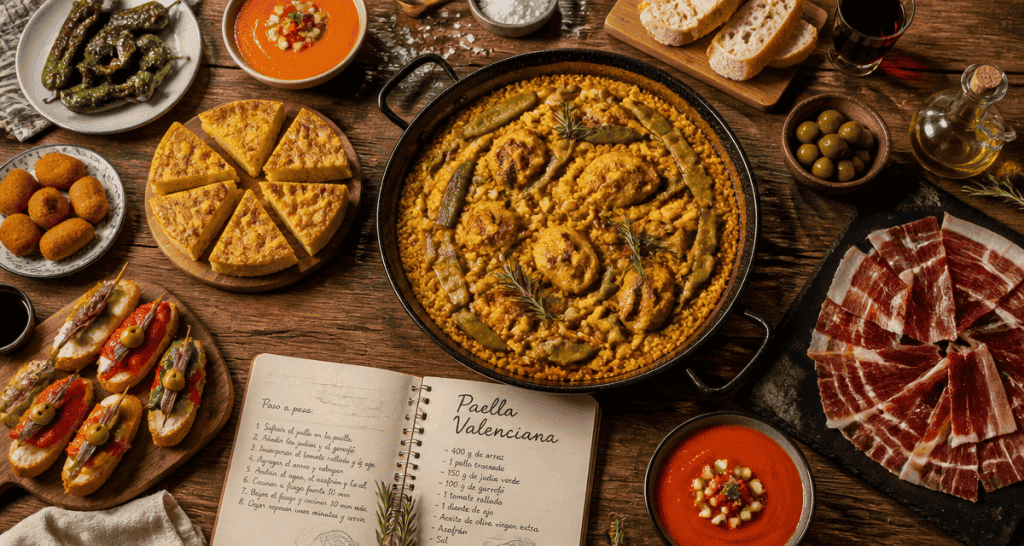 Plats espagnols avec paella, tapas et jambon ibérique