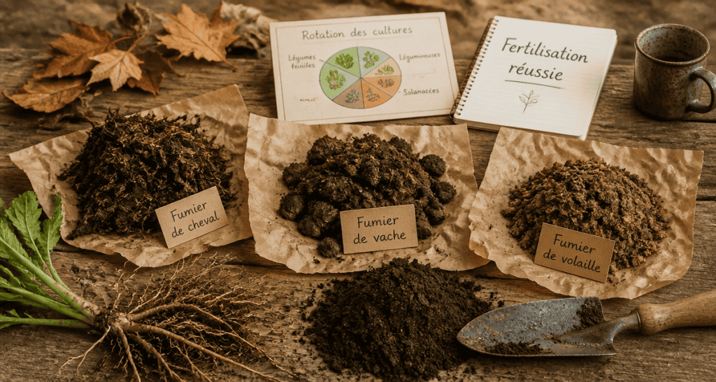 quand mettre du fumier au jardin, échantillons sur table rustique