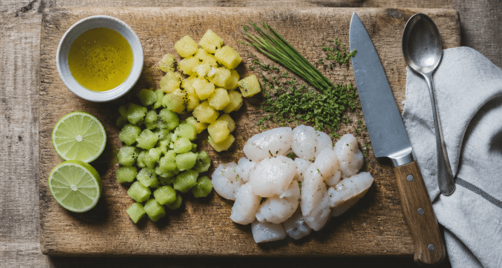 que faire avec des kiwi en cuisine, dés de kiwi et noix de Saint-Jacques