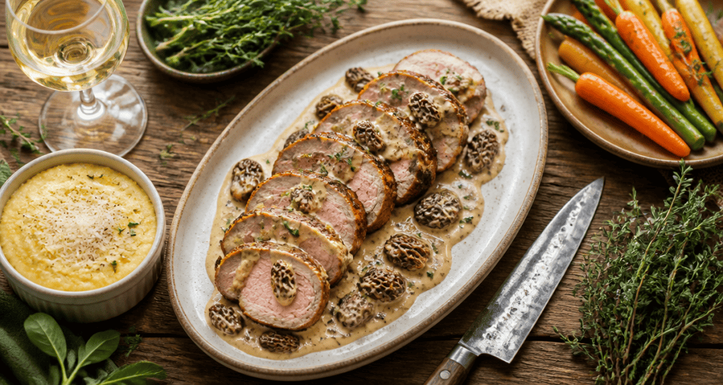 recette filet mignon de veau gastronomique, sauce morilles, polenta et légumes