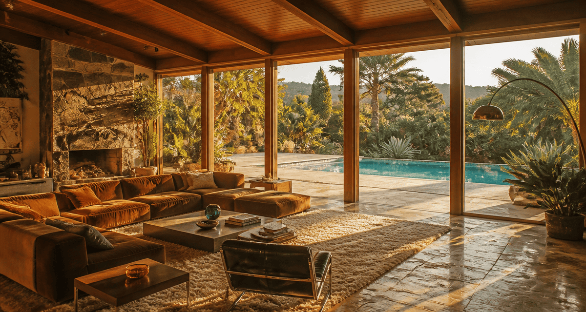 Salon maison californienne année 70 baies vitrées piscine