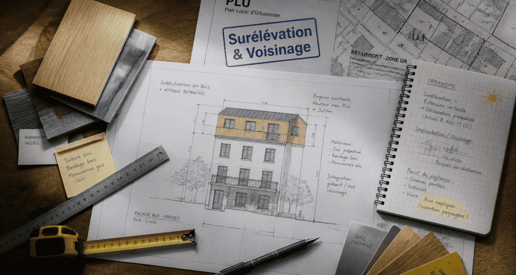 Plans surélévation maison et voisinage sur table d’architecte