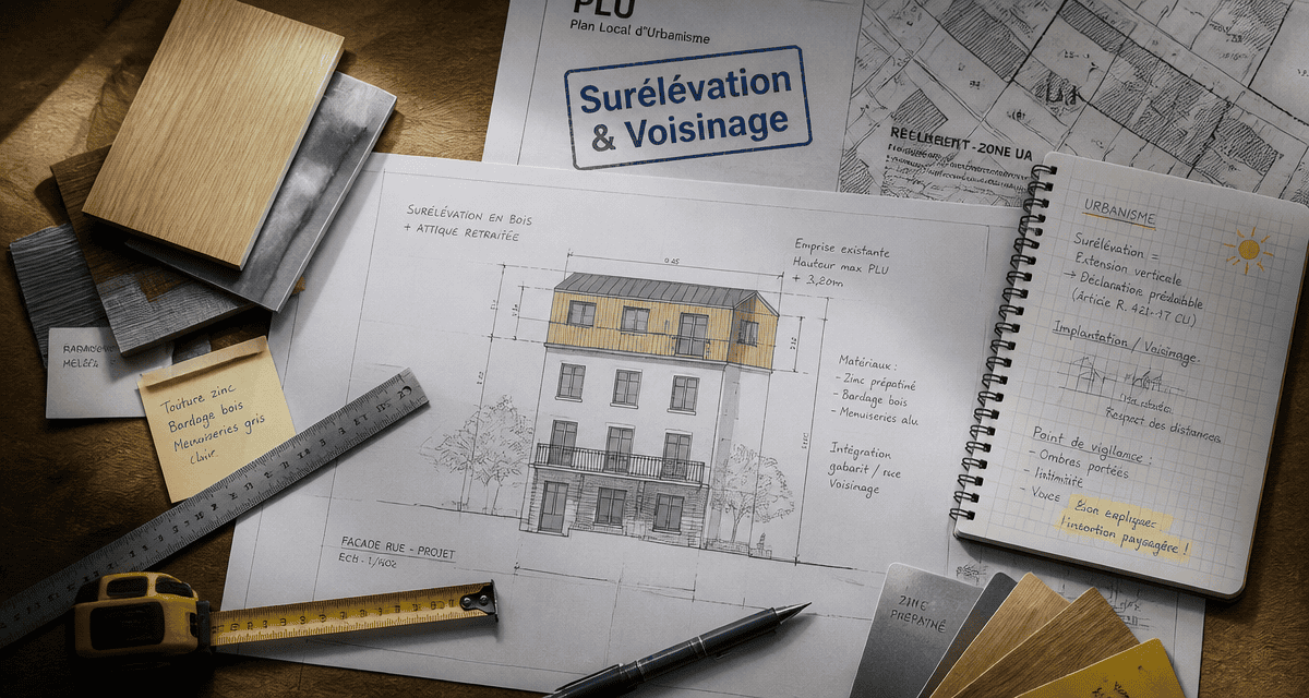 Plans surélévation maison et voisinage sur table d’architecte