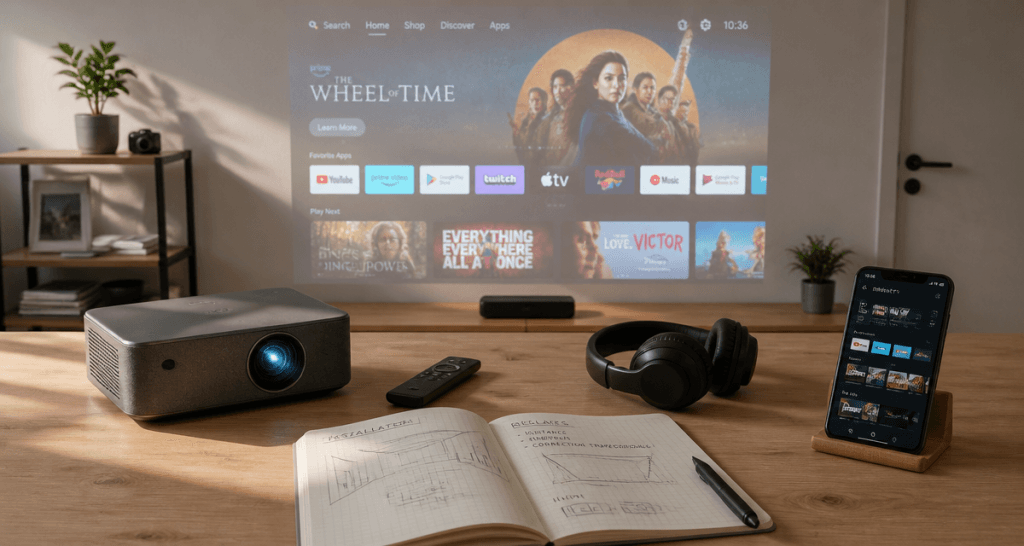 vidéoprojecteur avec tv intégré et accessoires sur table