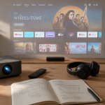vidéoprojecteur avec tv intégré et accessoires sur table
