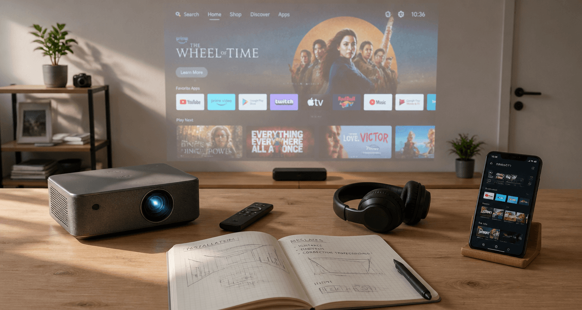 vidéoprojecteur avec tv intégré et accessoires sur table