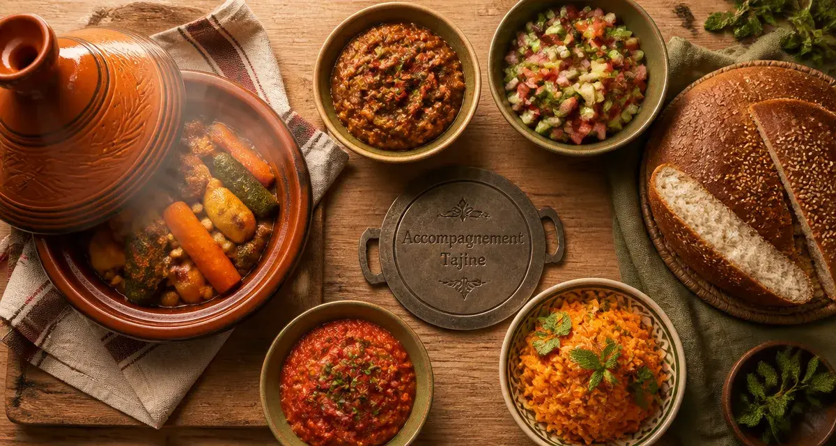 Accompagnement tajine : zaalouk, taktouka et salade marocaine, pain khobz