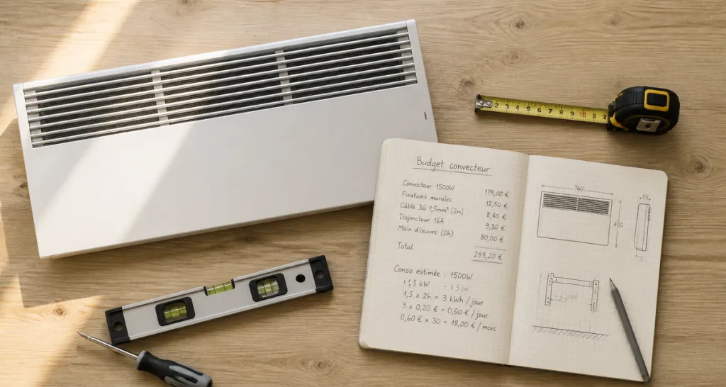 Convecteur électrique prix, outils et carnet de notes sur table