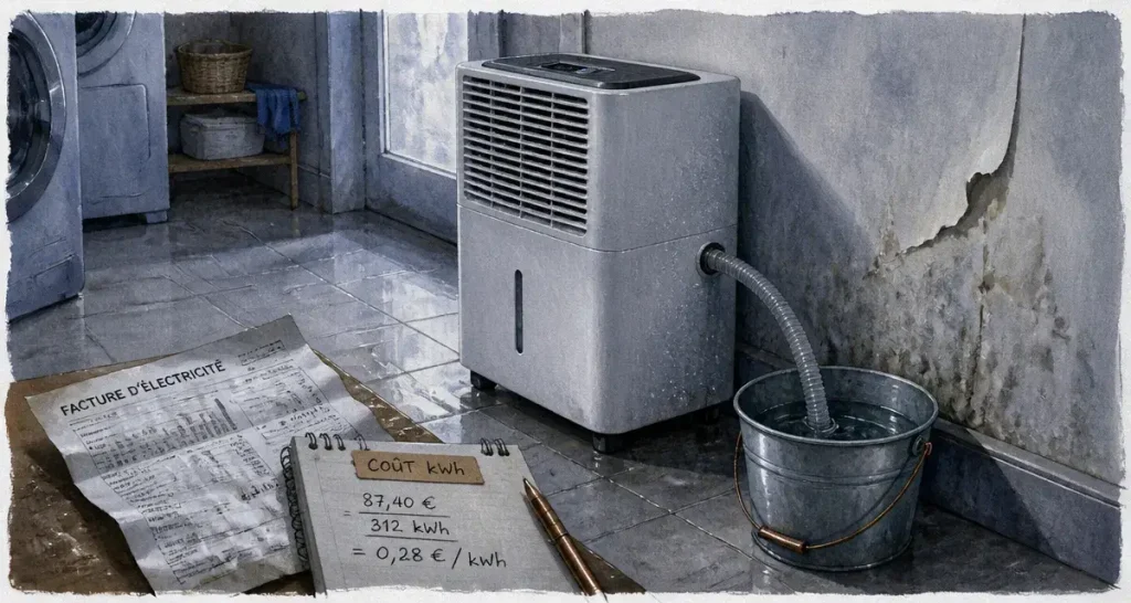 Déshumidificateur consommation électrique : facture et calcul kWh en buanderie humide