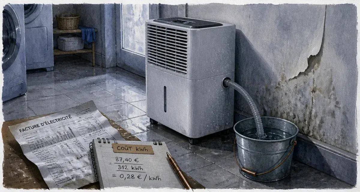 Déshumidificateur consommation électrique : facture et calcul kWh en buanderie humide