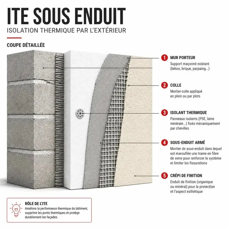 Schéma technique d'une isolation thermique par l'extérieur avec crépi isolant