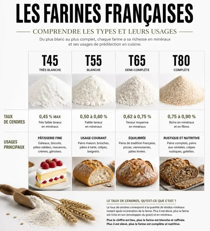 Comparatif des types de farine T45, T55, T65 et T80 et leurs utilisations en cuisine