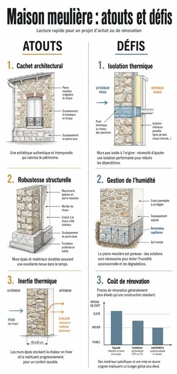 Infographie comparative des avantages et inconvénients d'une maison meulière pour la rénovation