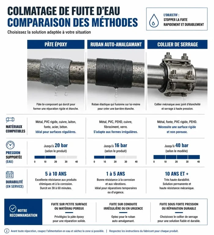 Infographie comparative des méthodes pour colmater une fuite d'eau sous pression : pâte époxy, ruban et collier de serrage.