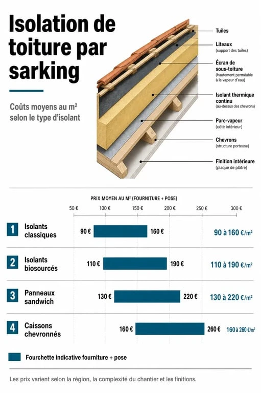 Infographie des prix au m2 pour l'isolation de toiture par sarking selon le type d'isolant