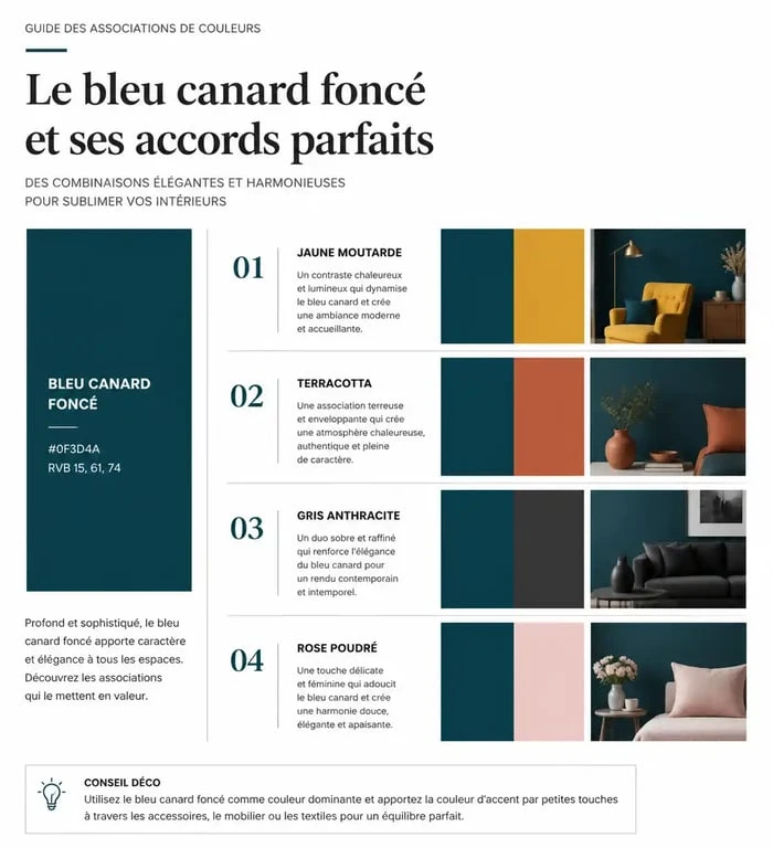 Infographie des associations de couleurs idéales pour une décoration en bleu canard foncé