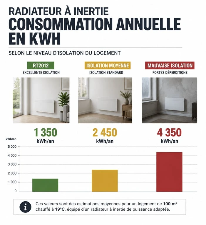Infographie sur la consommation électrique d'un radiateur à inertie selon l'isolation du logement