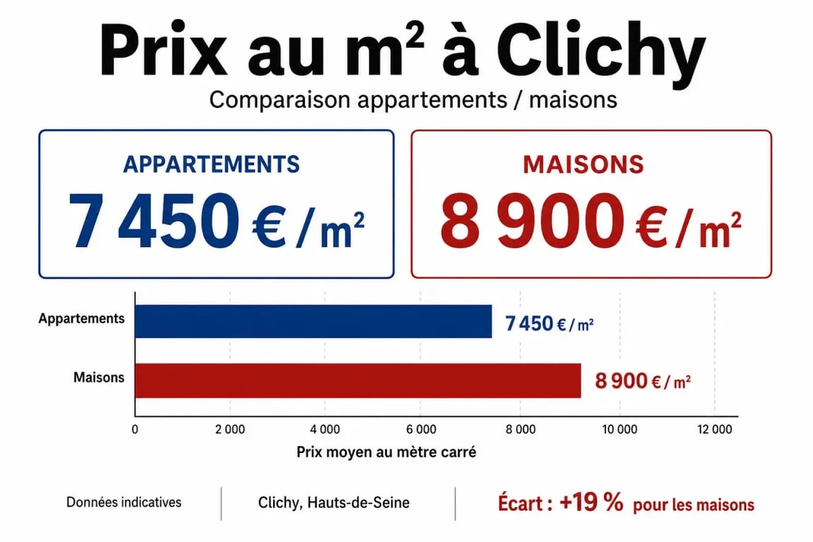 Graphique comparatif des prix immobiliers au mètre carré à Clichy pour appartements et maisons