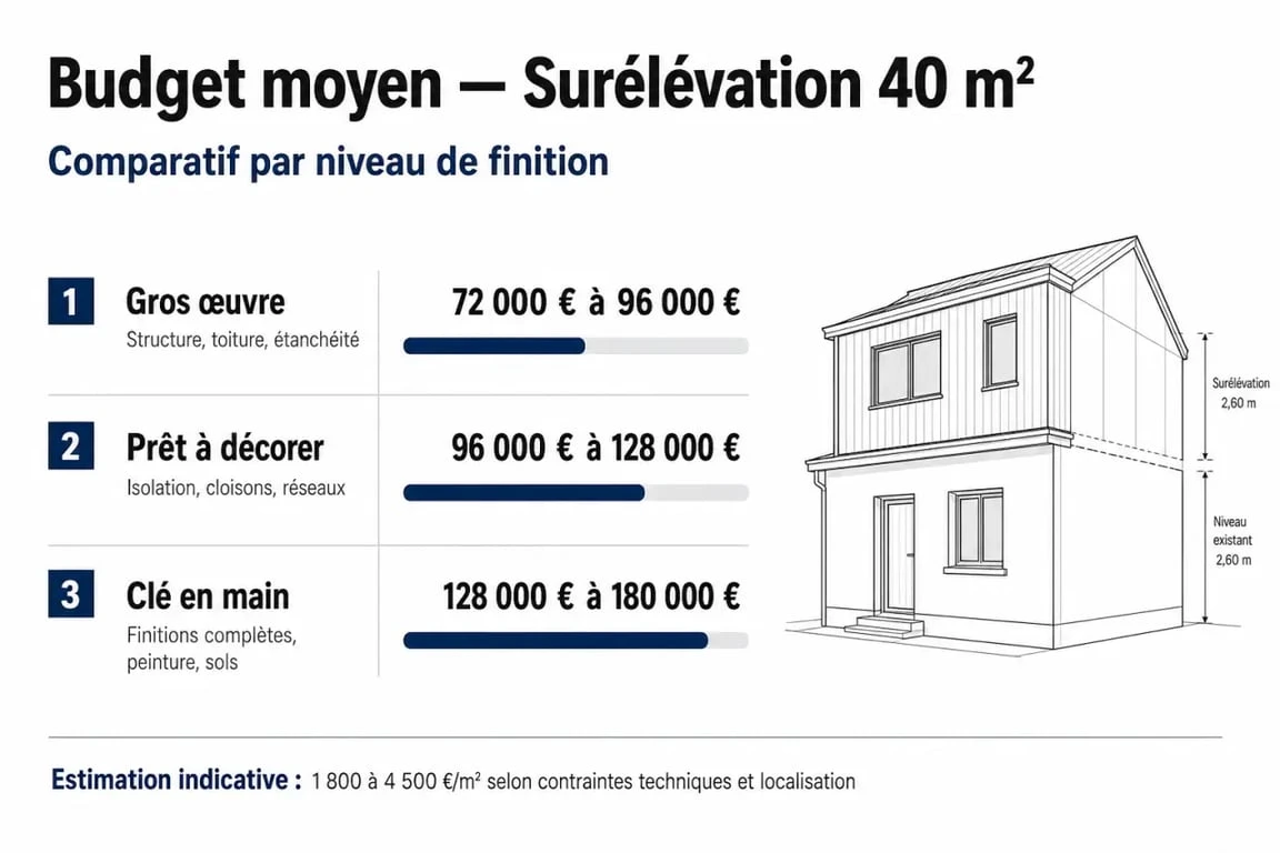 Infographie du budget moyen pour une surélévation de maison de 40m2 selon le niveau de finition