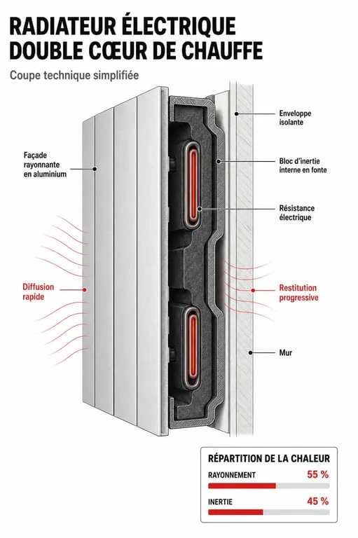 Schéma de fonctionnement d'un radiateur double cœur de chauffe 2000W avec inertie et rayonnement