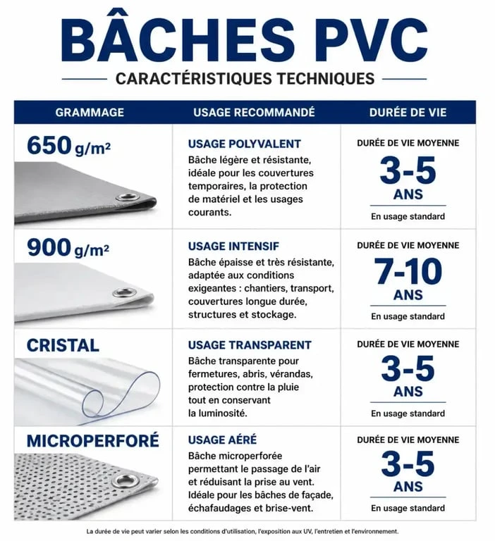 Infographie comparative des caractéristiques techniques et usages des bâches PVC