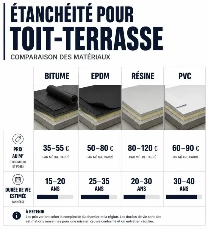 Comparatif des prix et durée de vie des matériaux pour l'étanchéité toit terrasse au m2
