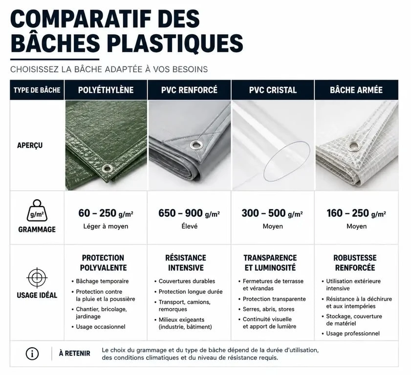 Tableau comparatif des différents types de bâches plastiques et leurs usages techniques