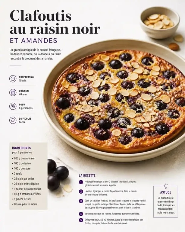 Clafoutis rustique au raisin noir et amandes, une recette au raisin gourmande et facile