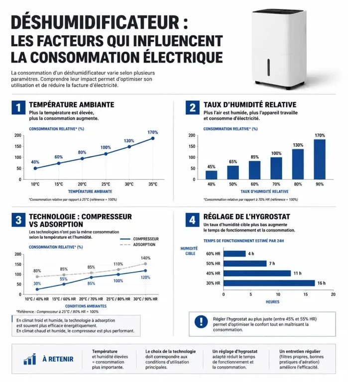 Infographie expliquant les facteurs de consommation électrique d'un déshumidificateur pour optimiser sa facture d'électricité.