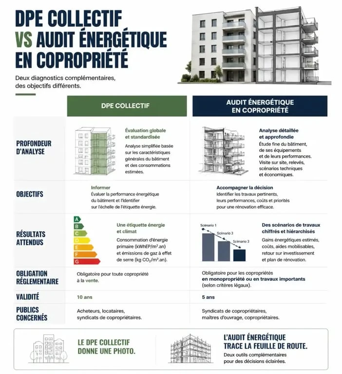 Infographie comparative entre le DPE collectif et l'audit énergétique pour une copropriété