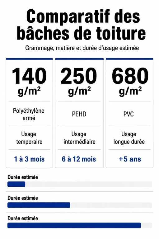 Tableau comparatif des types de bâches pour toiture selon le grammage et la durée de vie