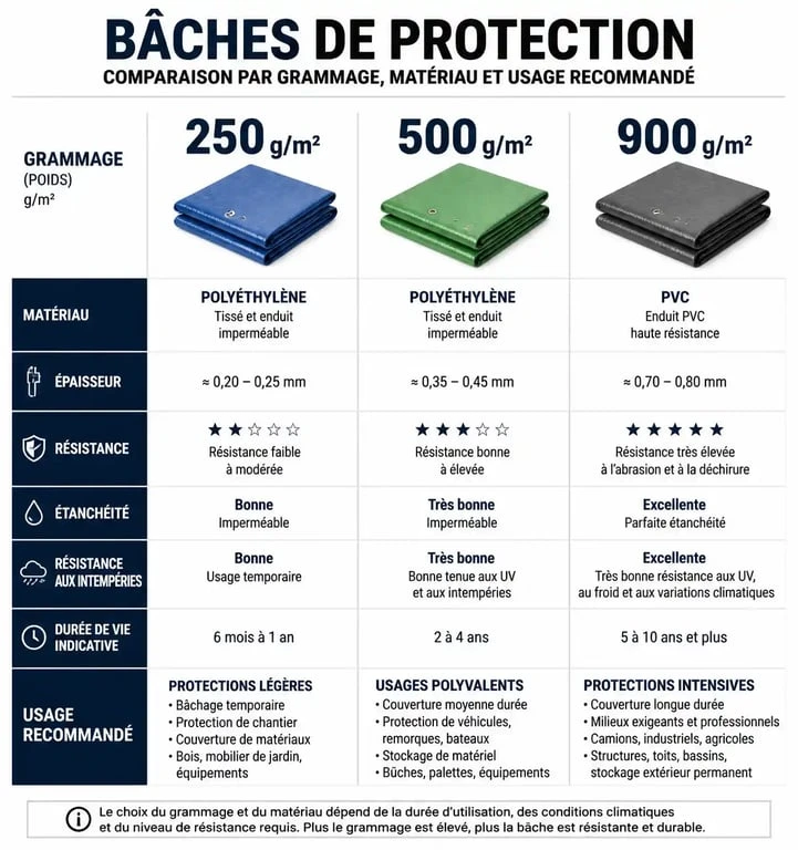 Tableau comparatif des caractéristiques techniques des bâches épaisses selon le grammage et l'usage