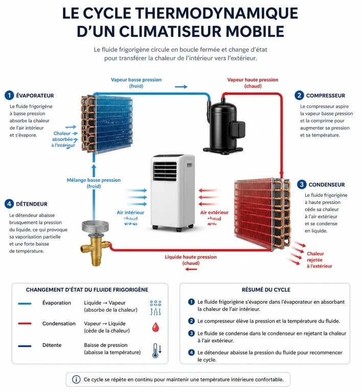 Schéma du fonctionnement d'un climatiseur mobile expliquant le cycle du fluide frigorigène