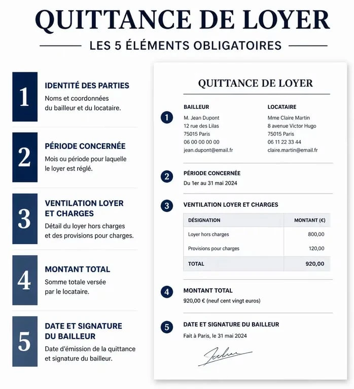 Infographie des mentions obligatoires sur une quittance de loyer