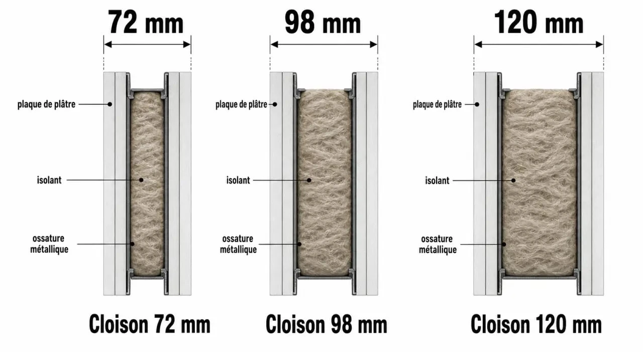 Schéma technique des épaisseurs d'isolation pour cloison en placo et isolant thermique