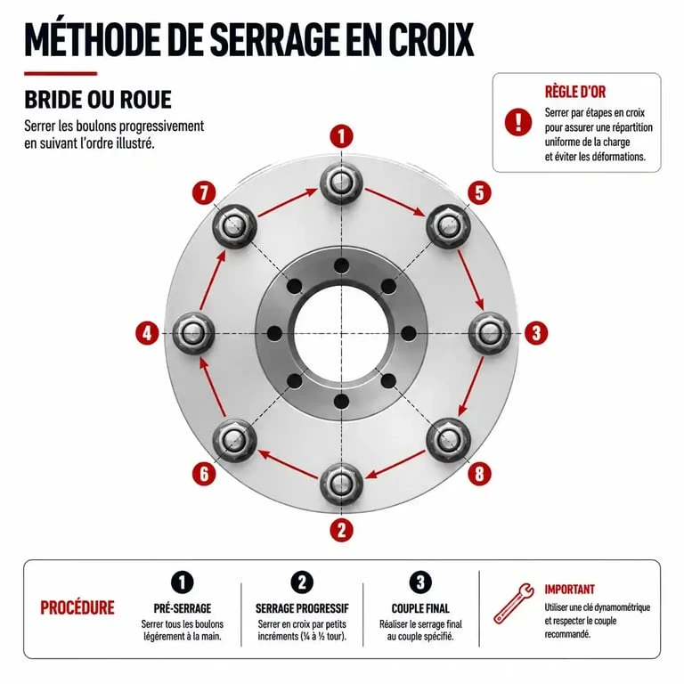 Schéma illustrant la méthode de serrage en croix pour vis et boulons