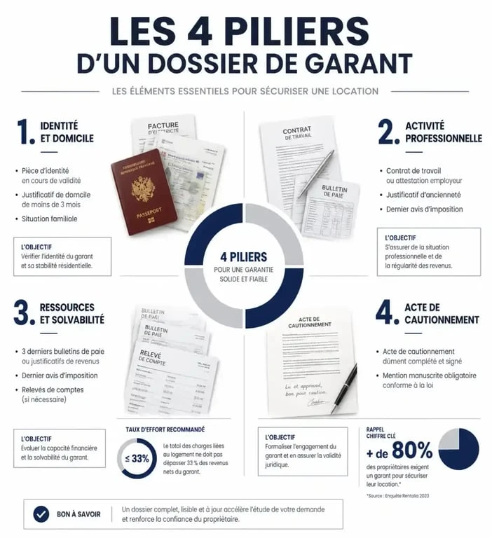 Infographie des documents nécessaires pour constituer un dossier de location avec garant solide