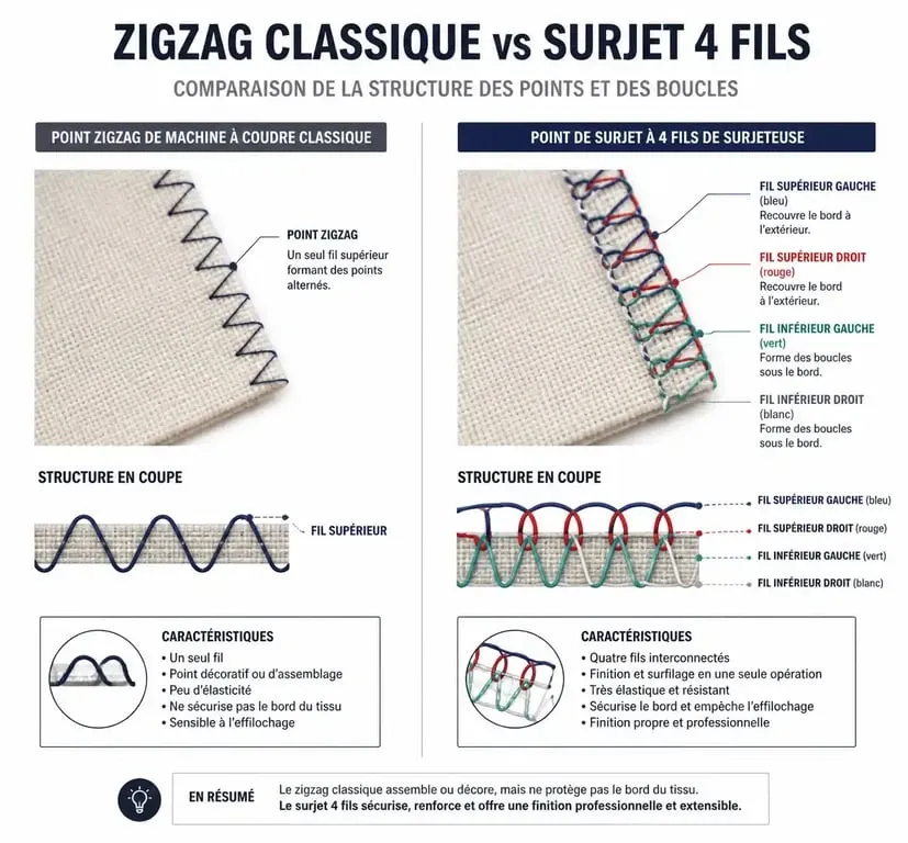 Schéma comparatif : point zigzag de machine à coudre vs point de surjet de surfileuse