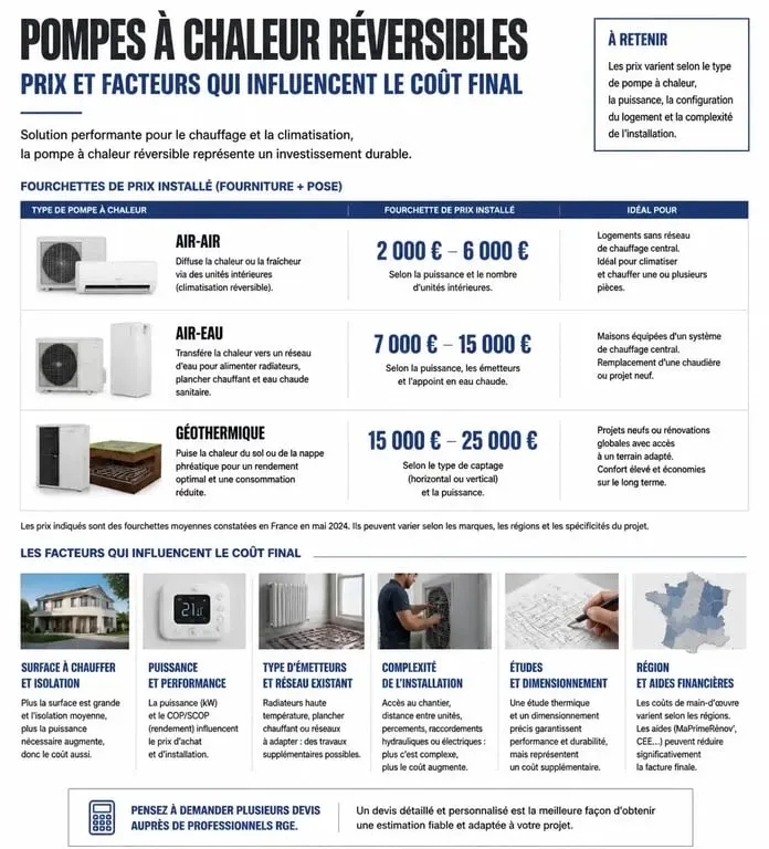 Infographie des prix et coûts d'installation d'une pompe à chaleur clim réversible selon la technologie.