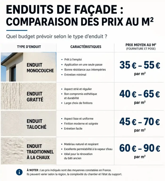 Comparatif des prix au m2 par type d'enduit de façade pour estimer son budget travaux