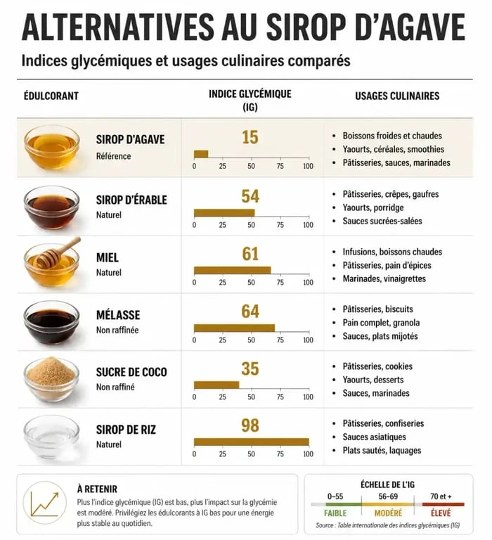 Tableau comparatif des alternatives au sirop d'agave pour la pâtisserie et la cuisine