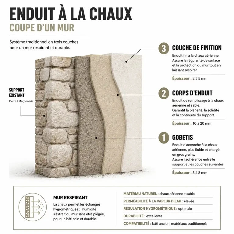 Schéma technique des trois couches d'un enduit à la chaux pour façade