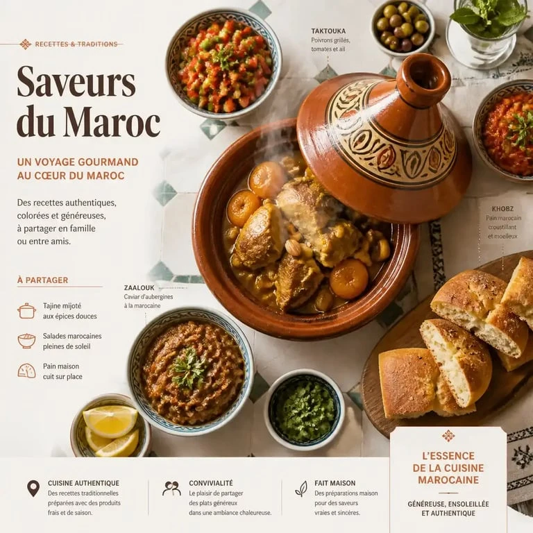 Accompagnement tajine traditionnel avec pain marocain et salades fraîches sur une table conviviale