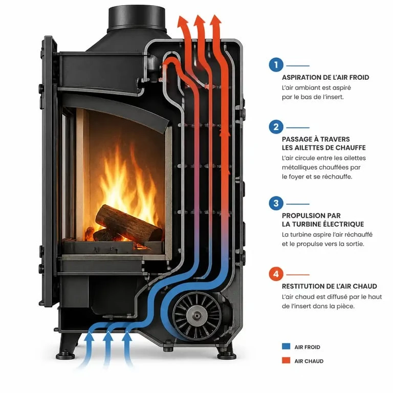 Schéma de fonctionnement d'un insert avec ventilateur montrant le flux d'air chaud