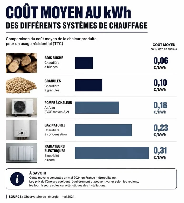 Comparatif des coûts au kWh des différents modes de chauffage pour identifier le chauffage le moins cher